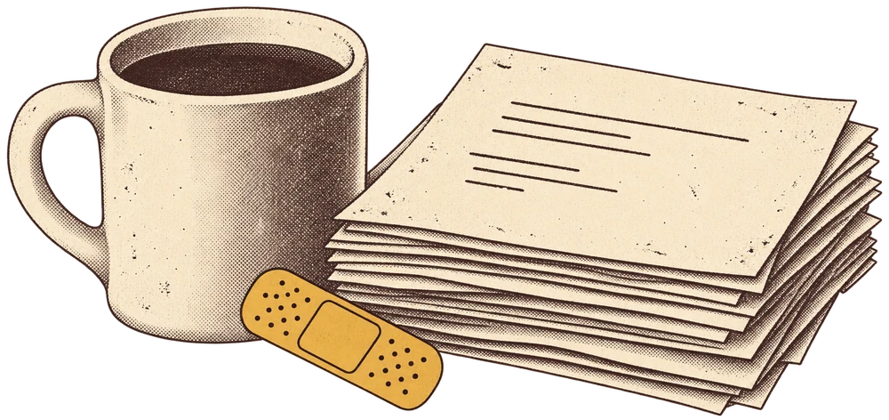 冷めたコーヒーのマグと、追加の書類の束