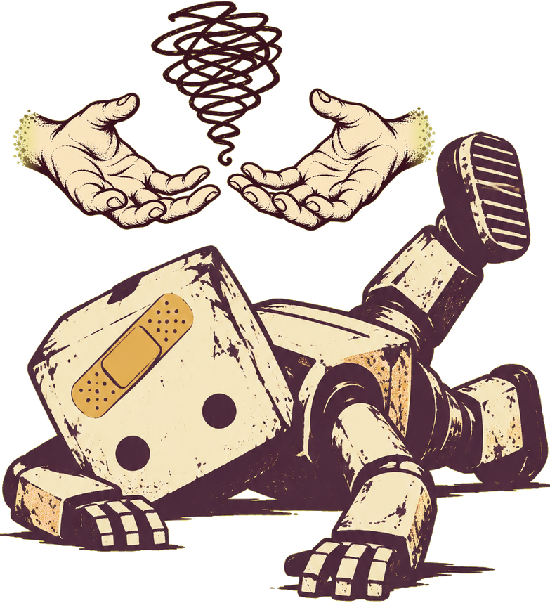 床に転んで倒れているロボットの絵。頭に絆創膏が貼ってある。